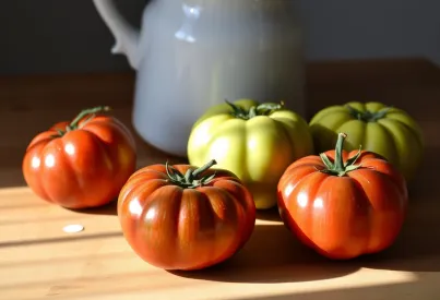 Tomaten in verschiedenen Reifestadien auf Holztisch vor weißer Keramikschale