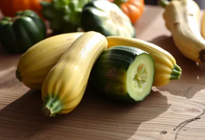 Frisch geerntete Zucchini auf einem Holztisch: Einblick in die Vielfalt und Frische der Landwirtschaft
