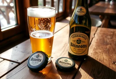 Szene mit Bierglas und Flasche auf rustikalem Holztisch im Biergarten