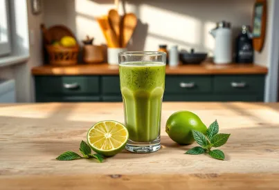 Grüner Smoothie aus Spinat, Avocado und Apfel auf Küchentisch mit Limetten und Minze