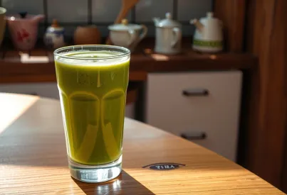 Grüner Smoothie aus Spinat, Avocado und Yuzu in traditioneller japanischer Küchenszene in Kyoto