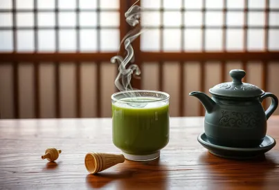 Grüner Tee im traditionellen japanischen Tearoom: Eine ruhige und kontemplative Atmosphäre