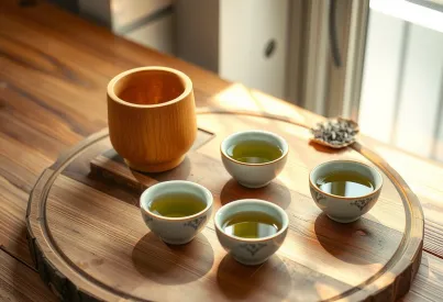 Traditionelle japanische Tee-Szene mit Kyusu-Teekanne und Porzellanschalen