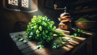 Frische Korianderblätter auf einem Tisch mit Gewürzmühle im Hintergrund