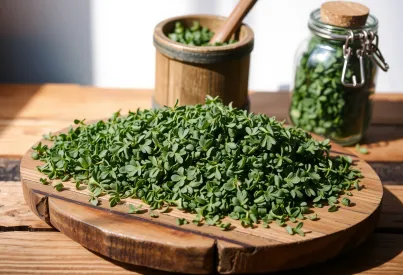Darstellung von getrocknetem und frisch gemahlenem Oregano mit Messingmühle und Glasgefäß