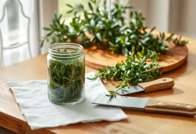Stillleben mit frischem und getrocknetem Oregano in mediterraner Küchenatmosphäre