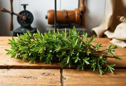 Frisch geernteter Thymian auf rustikalem Holztisch in traditioneller Küche