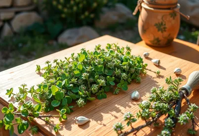 Hölzerner Tisch mit frisch geerntetem Thymian im Sonnenlicht der Provence