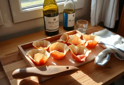 Szenische Darstellung einer Austernverkostung mit Muscadet-Weißwein und Zubehör auf Holzarbeitsplatte