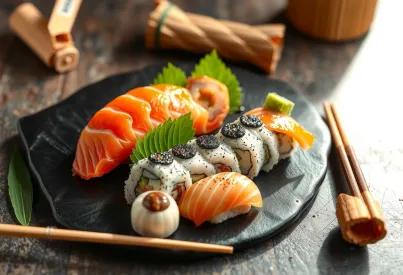 Sushi-Arrangement auf Keramikteller mit Thunfisch, Lachs und Jakobsmuscheln