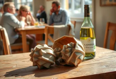 Austernkorb auf Holztisch in bretonischem Restaurant mit regionalem Weißwein im Sonnenlicht