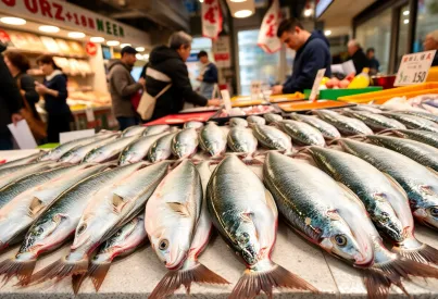 Frischer Meeresfrüchtemarkt in Yokohama: Tintenfische auf Verkaufstisch präsentiert