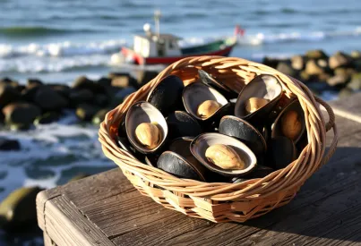 Frischer Muschelkorb am Hafen von Concarneau, Bretagne: Einblick in die Fischereitradition der Region