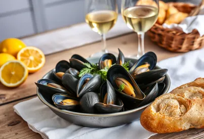 Servierte Miesmuscheln in Weißweinsud mit Zitronen und Baguette auf rustikalem Holztisch