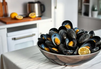 Zubereitung und Präsentation von Miesmuscheln in einer minimalistischen Kücheneinrichtung