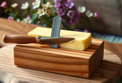 Darstellung eines rustikalen Schneidebretts mit geteiltem Butterstück und ländlichem Hintergrund