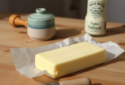 Stilleben mit Butter, Brotmesser und Keramikteller auf Holztisch