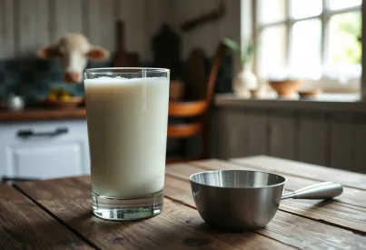 Ein Glas Buttermilch auf einem Holztisch in einer norddeutschen Küche