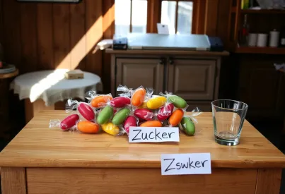Anordnung von Bonbons auf Holztisch mit nostalgischer Kulisse in traditionellem Süßwarenladen-Setting