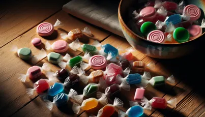 Arrangement von verschiedenfarbigen Bonbons auf einem Holztisch
