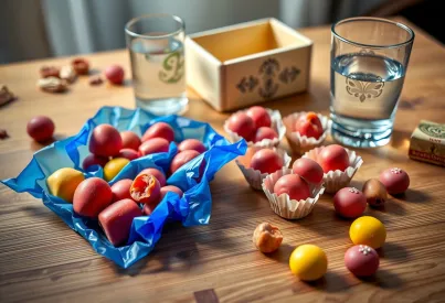 Bunte Bonbons auf Holztisch mit 70er Jahre Keksdose und Wasserglas im Vordergrund