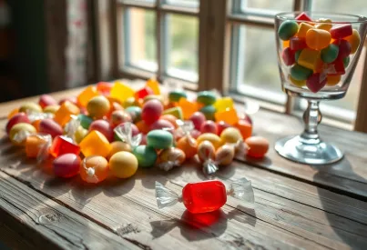 Farbenfrohe Bonbons auf rustikalem Holztisch mit nostalgischem Bonbonglas und diffusem Tageslicht.