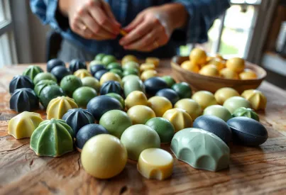 Handgemachte Bonbons aus der Bretagne: Vielfalt in Form und Farbe auf rustikalem Holztisch