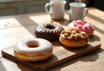 Auswahl an Donuts auf rustikalem Holztisch mit Kaffeetasse im Hintergrund