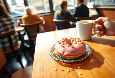 Donut auf Holztisch in New Yorker Café mit Kaffee und Tageslicht im Hintergrund