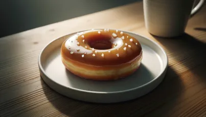 Donut mit Karamellüberzug und Salzflocken auf Porzellanteller vor unscharfem Hintergrund mit Kaffeetasse