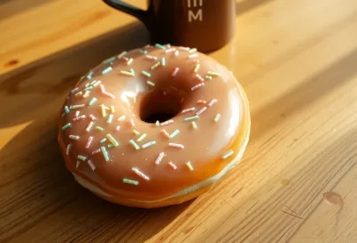 Donut mit Pastellstreuseln auf Holztisch vor unscharfem Kaffeetassenhintergrund