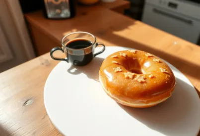Donut mit Zuckerglasur und Streuseln auf einem Teller neben einer Tasse Kaffee auf einem Holztisch in häuslicher Umgebung