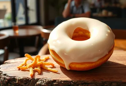 Foto eines glasierten Donuts auf Holzbrett mit Streuseln in einem Pariser Bistro