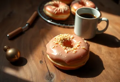 Klassischer Donut mit Rosa Glasur und Streuseln auf Rustikalem Holztisch