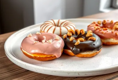 Präsentation verschiedener Donuts auf Porzellanteller: Glasuren und Toppings im Detail