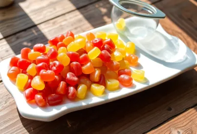 Abbildung von Gummibärchen auf Keramikteller mit natürlichem Lichteinfall