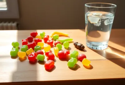 Bunte Auswahl an Gummibärchen auf handgefertigtem Küchentisch mit Sprudelwasser im Hintergrund