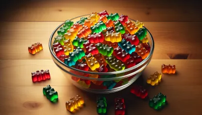 Glasgefäß mit bunter Gummibärchen-Mischung auf Holztisch fotografiert