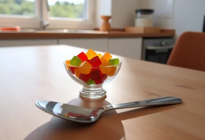 Gummibärchen in Glas auf minimalistischem Küchentisch arrangiert