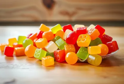 Gummibärchen in einer Glasschale auf einem Holztisch: Farben und Lichtreflexionen im heimischen Umfeld