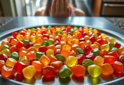 Sortierte Gummibärchen auf Edelstahlplatte unter kühlem Licht