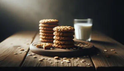 Anordnung von Haferkeksen auf einem Holztisch mit Milch im Hintergrund