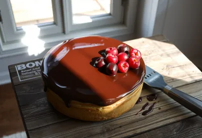 Kuchen mit Schokoladenglasur und Himbeerdekoration auf Holztisch