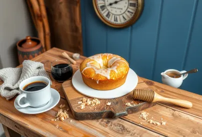 Rustikaler Holztisch mit Gugelhupf und Kaffee in gemütlicher Landhausatmosphäre