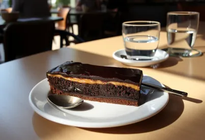 Sachertorte auf Porzellanteller in Wiener Kaffeehausszene