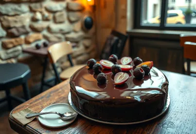 Schokoladenkuchen im Café in der Altstadt von Lyon: Eine Szene im traditionellen französischen Bistro-Ambiente