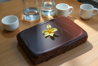 Schokoladenkuchen mit Haselnüssen und Ringelblumen-Dekoration auf Holztisch