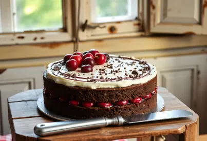 Schwarzwälder Kirschtorte auf rustikalem Holztisch mit traditioneller Dekoration