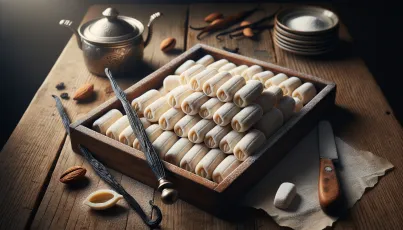 Arrangement von Marzipan auf Holztablett mit Vanilleschote und Silberkanne im Hintergrund