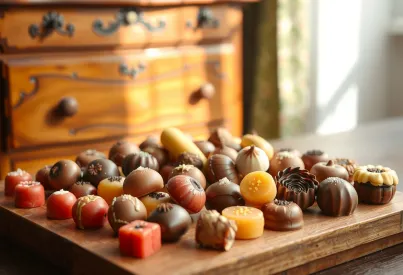 Arrangement von Marzipanpralinen auf einem Tablett mit antiker Holzkommode im Hintergrund